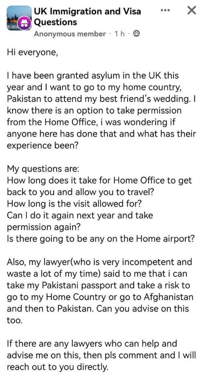 SamanthaTaghoy's tweet photo. This person was granted asylum in the UK after ‘fleeing’ Pakistan.

They now want to return to the country they left + supposedly can’t return to because their human rights are under threat.

Why? To attend their best friend’s wedding…

The UK’s asylum system is a joke. https://t.co/PRm9KT0nup