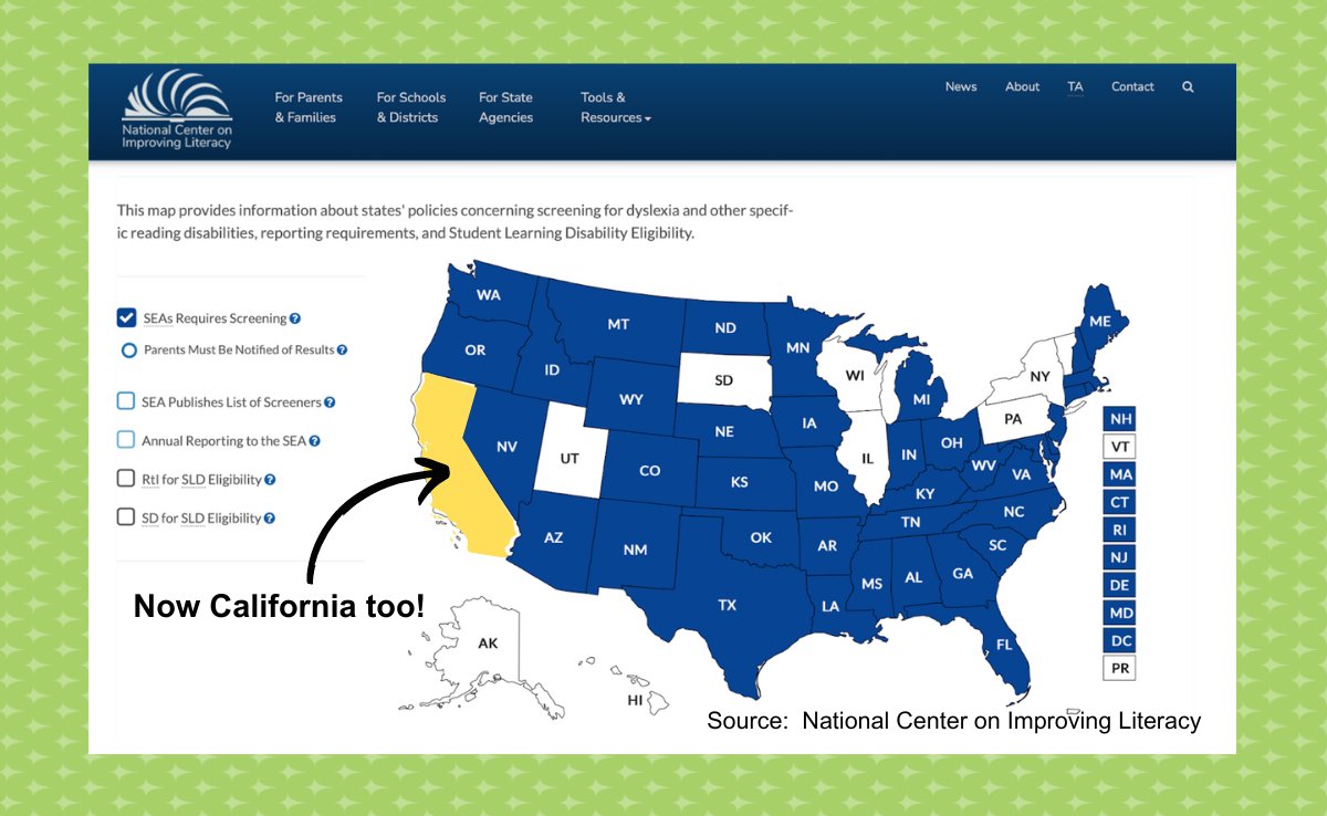 After 8 years of legislative advocacy and 4 bills, CA schools will be required to annually screen students in K-2 for reading difficulties, including risk of #dyslexia. Read more about background, timing, and next steps in our newest blog. #UntilAllCanRead decodingdyslexiaca.org/cas-new-screen…