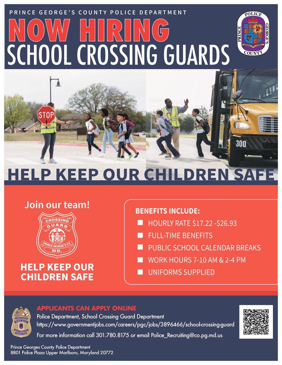 CMEricOlson's tweet image. In an effort to keep our students safe, @PGPDNews is hiring more school crossing guards. If you or someone you know is interested please see the flyer below.