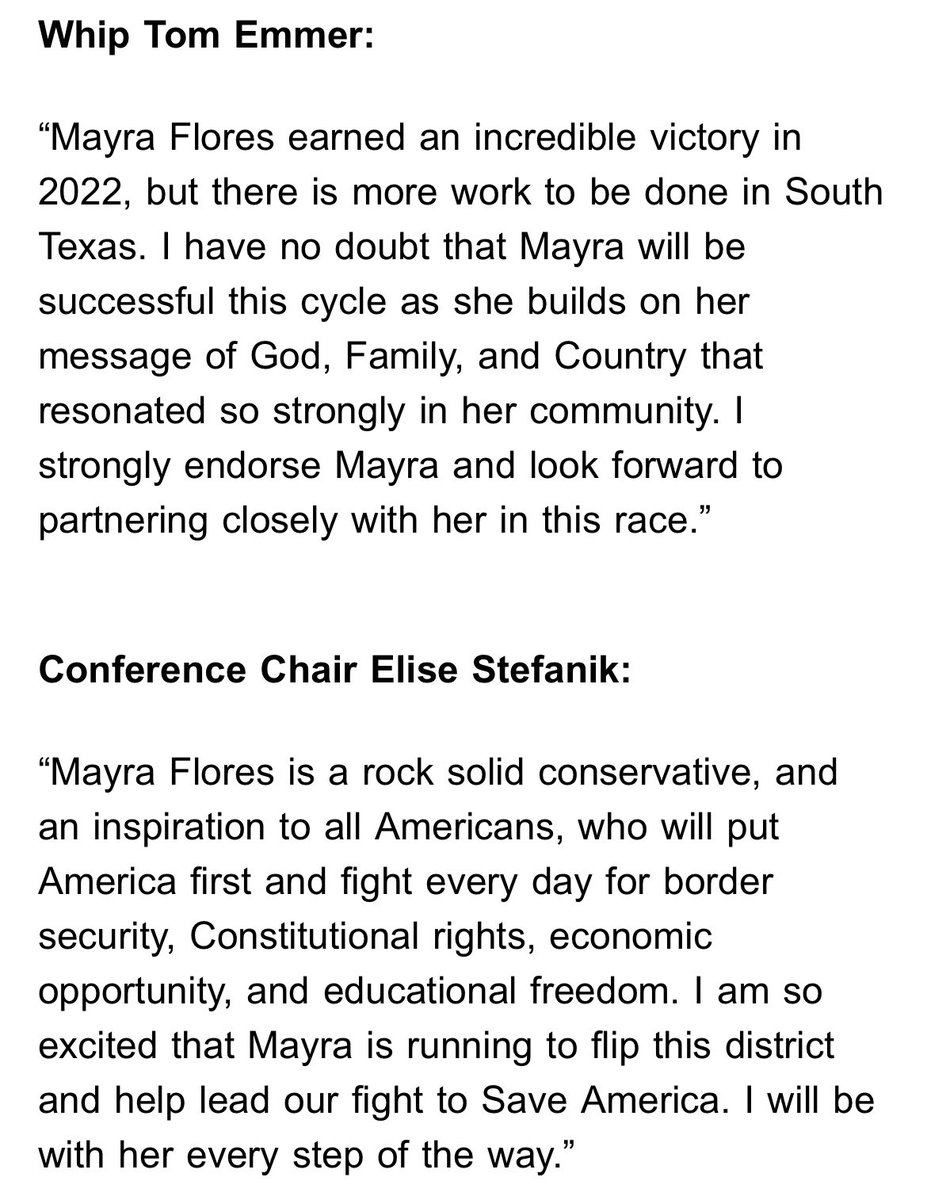 House Republican leaders — McCarthy, Scalise, Emmer and Stefanik — endorse @MayraFlores2022 in her #TX34 comeback campaign (first reported by @BreitbartNews)