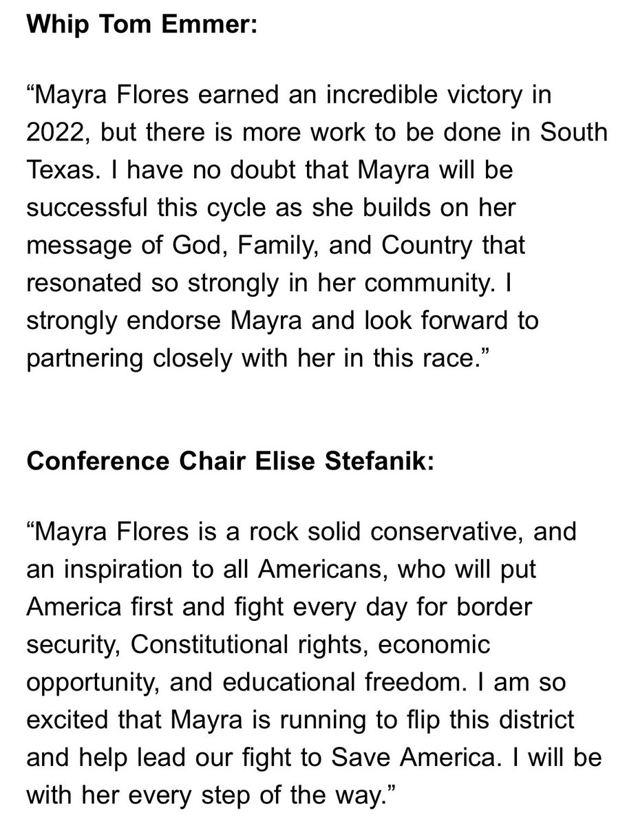 Patrick Svitek (@patricksvitek) on Twitter photo House Republican leaders — McCarthy, Scalise, Emmer and Stefanik — endorse @MayraFlores2022 in her #TX34 comeback campaign (first reported by <a href="/BreitbartNews/">Breitbart News</a>) House Republican leaders — McCarthy, Scalise, Emmer and Stefanik — endorse @MayraFlores2022 in her #TX34 comeback campaign (first reported by <a href="/BreitbartNews/">Breitbart News</a>)
