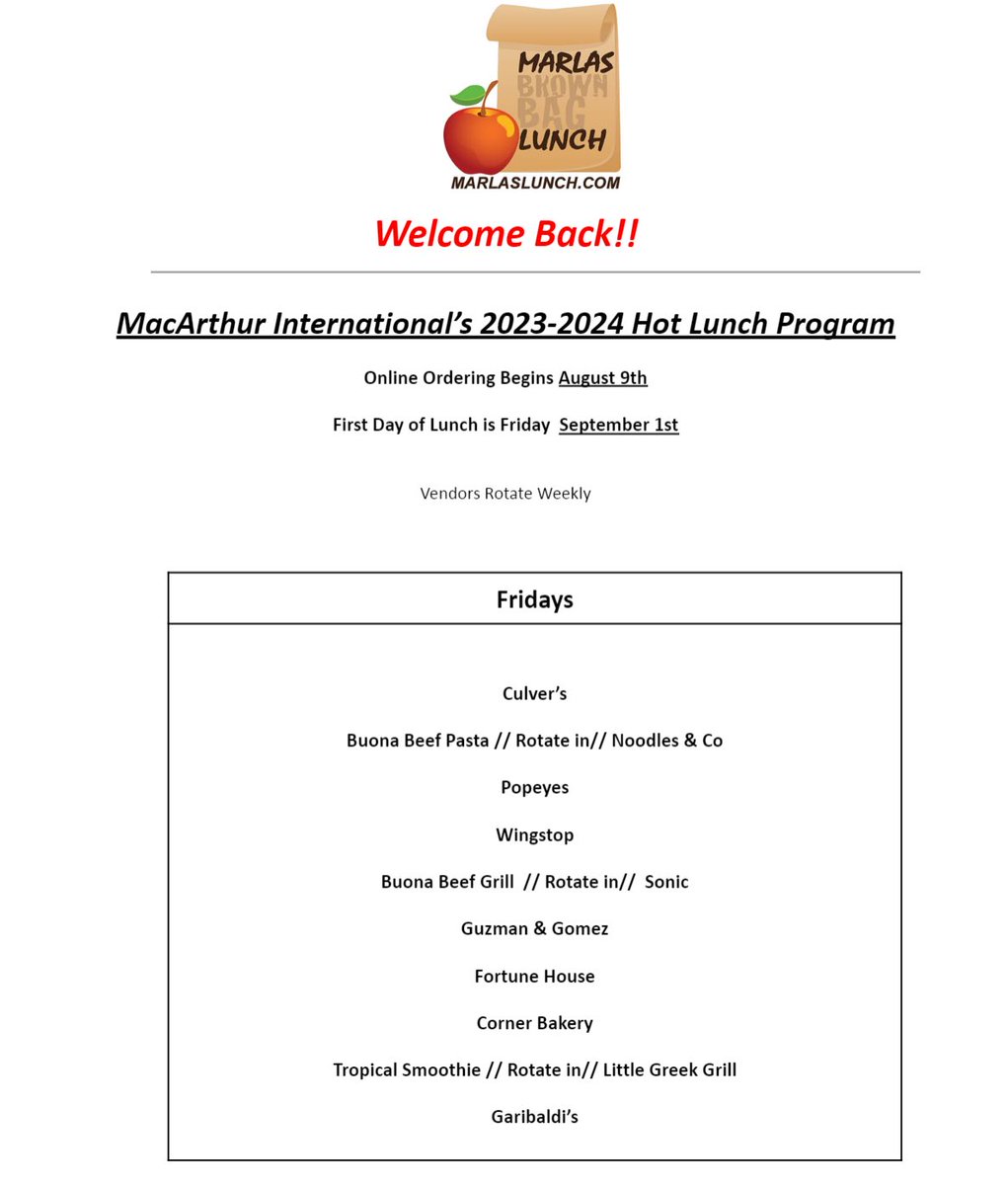 We’re thrilled to be working with Marla’s Lunch for our Friday lunches again!  Here’s a sneak peek at some of the restaurants available this year👀
Ordering info will be available at Info Day! @mactoros54