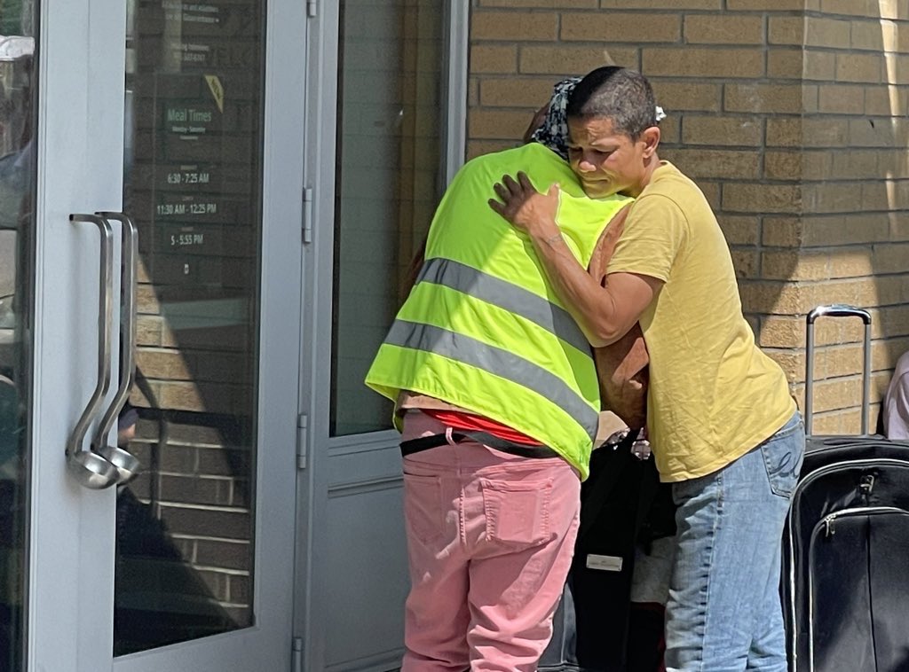 blanchethouse's tweet photo. T comforted Ms. Susie with a hug. 

“I’ve had a lot of bad s*** happen to me but I’m here to love,” said T. 

Our guests have experienced so much trauma in their lives. When you see someone experiencing homelessness please see their humanity. We must find ways to help alleviate suffering and end homelessness.