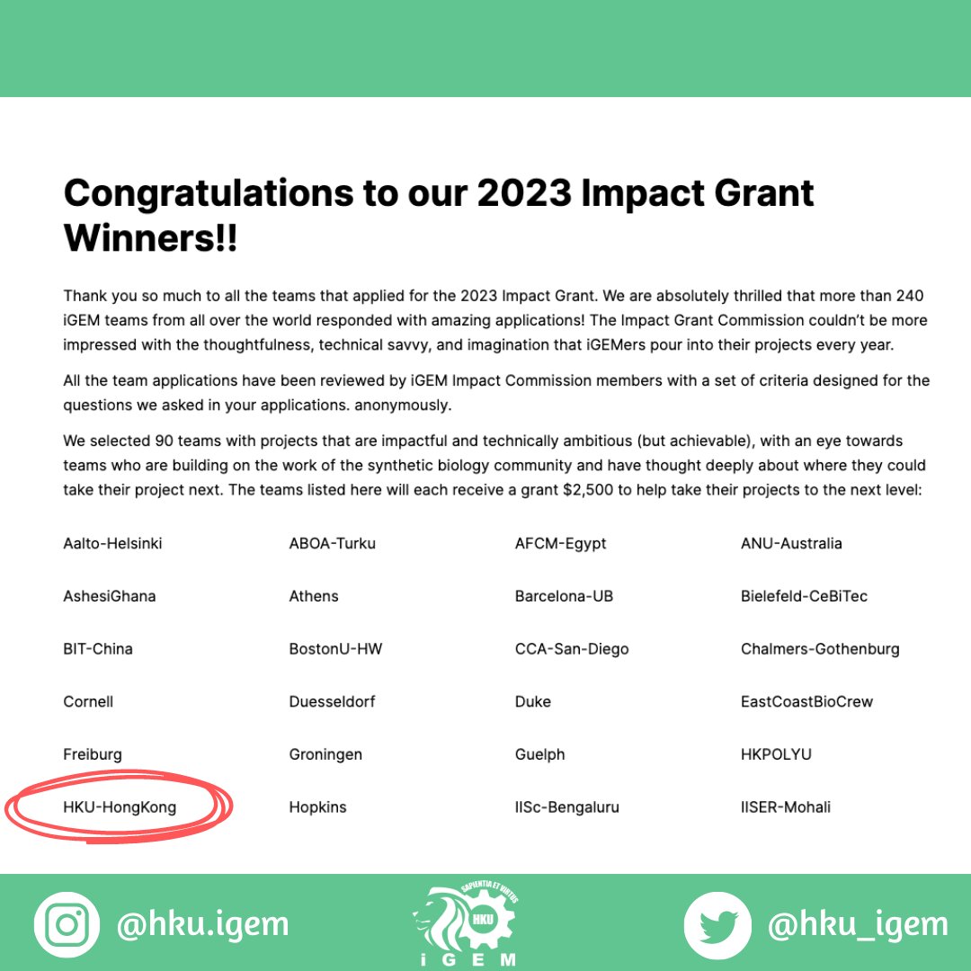 HKU iGEM (@hku_igem) on Twitter photo 🧪Exciting News - 2023 Impact Grant🧪
<a href="/iGEM/">iGEM Headquarters</a>
Our team has been awarded the 2023 iGEM Impact Grant! We are incredibly grateful to the iGEM Headquarters for recognizing the potential of our project.
#iGEM #HKUiGEM #HKUiGEM2023 #EatIt #ImpactGrant #ImpactGrant2023 🧪Exciting News - 2023 Impact Grant🧪
<a href="/iGEM/">iGEM Headquarters</a>
Our team has been awarded the 2023 iGEM Impact Grant! We are incredibly grateful to the iGEM Headquarters for recognizing the potential of our project.
#iGEM #HKUiGEM #HKUiGEM2023 #EatIt #ImpactGrant #ImpactGrant2023