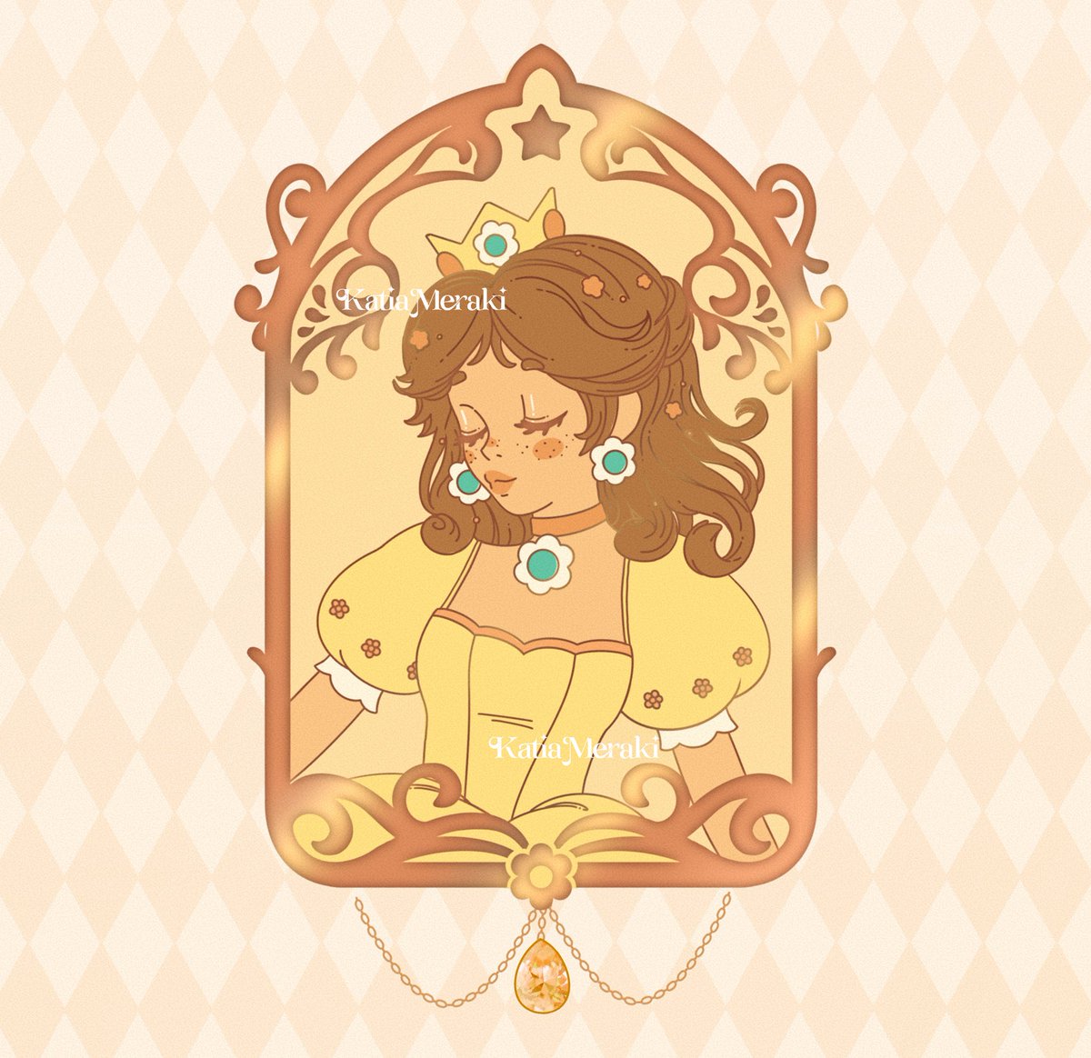 princess daisy 1girl crown jewelry solo brown hair dress earrings  illustration images