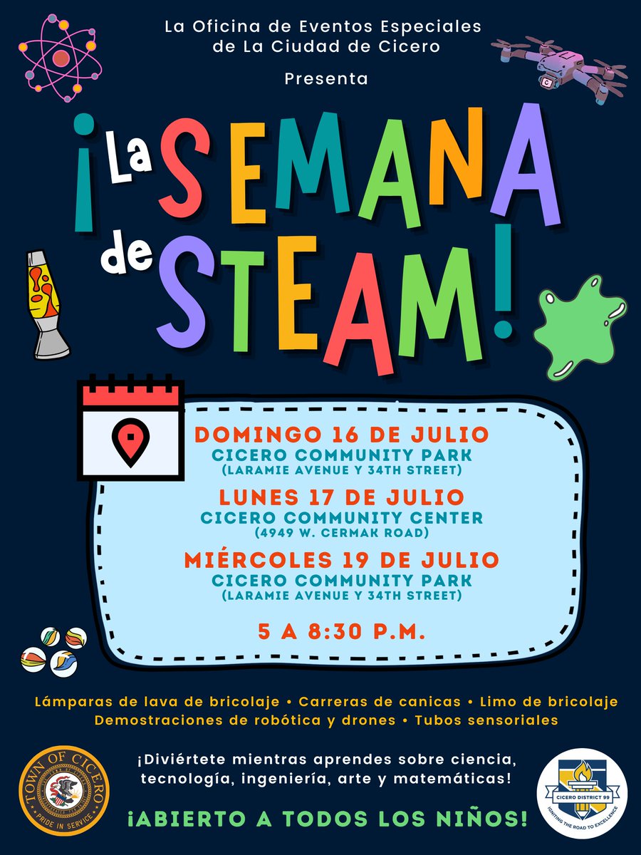Don't forget — Cicero's STEAM Week events begin TONIGHT at Cicero Community Park from 5-8:30 p.m.!

Don't let your kids miss out on an evening of fun while learning new science, tech and engineering concepts!  🧪 🌟 🧮 

#WeMoveForwardTogether #STEAMeducation