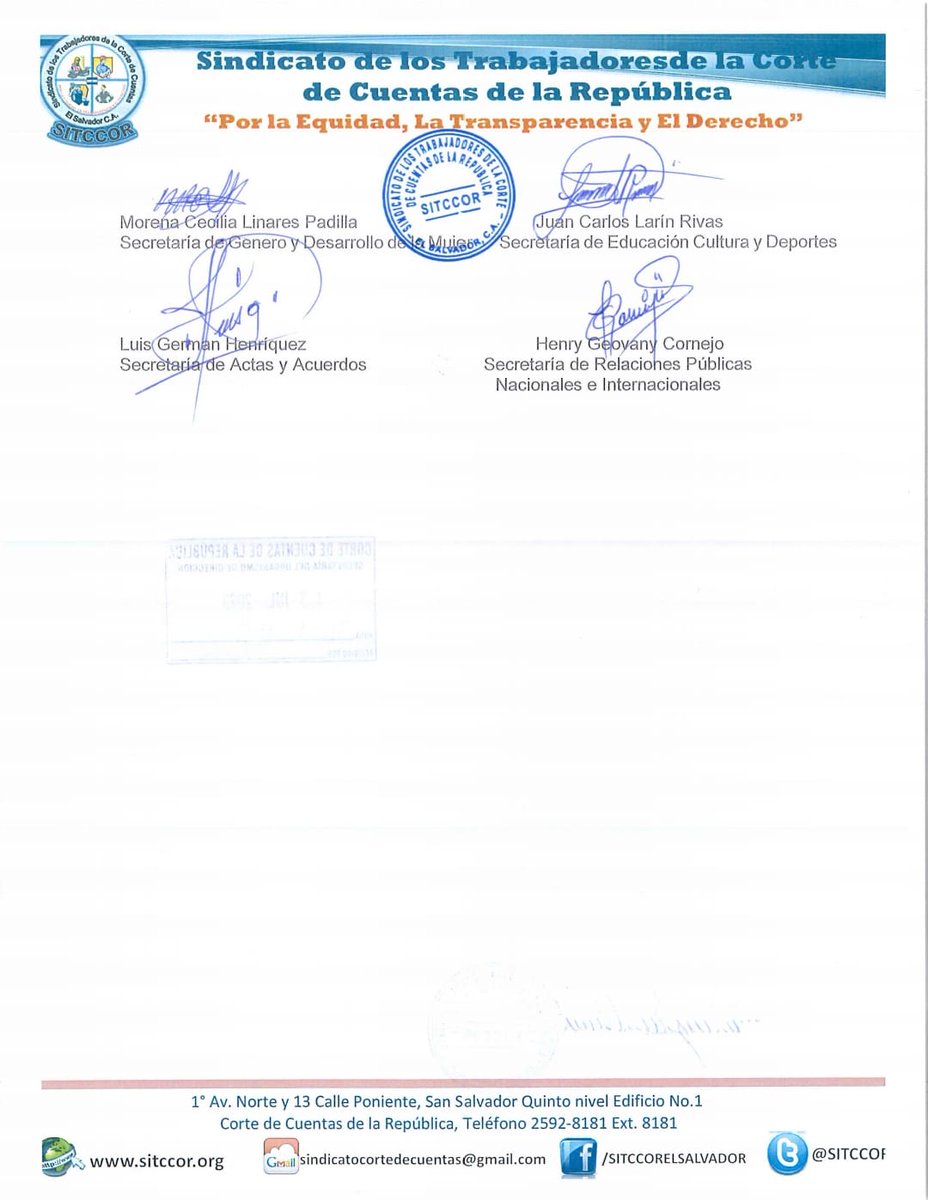 SITCCOR's tweet photo. Este día la Junta Directiva del #SITCCOR ha solicitado al presidente @RobertoAnzora_ y magistrados de la @CortedeCuentas que interpongan sus buenos oficios, a fin de que provean papel higiénico, papel toalla, jabón y demás materiales de limpieza en los baños tanto en.... https://t.co/u0BMx69hZa