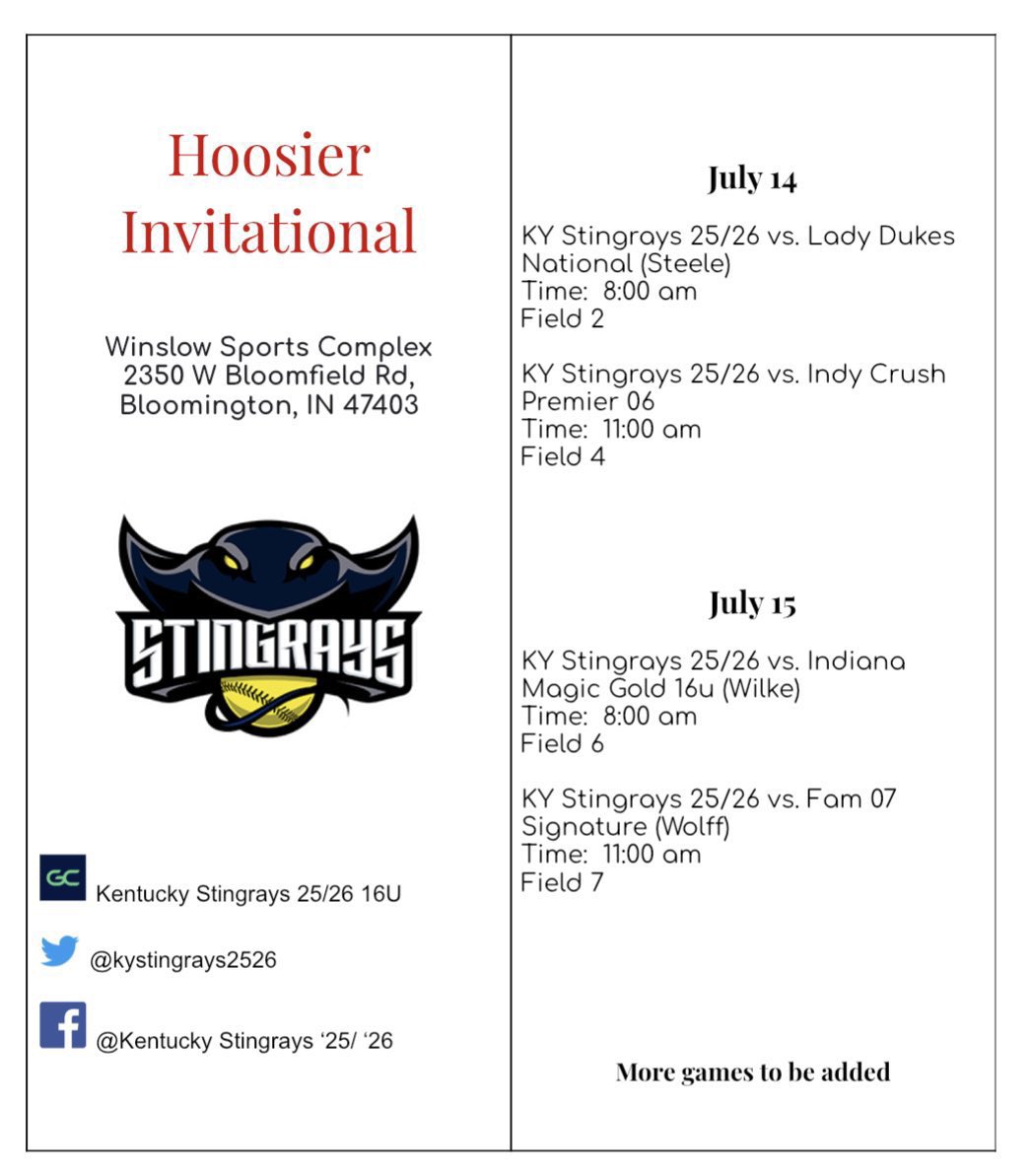 Come watch us at the Hoosier Invitational in Bloomington, IN! <a href="/kystingrays2526/">Kentucky Stingray's ’25/’26</a> <a href="/TiffinUSoftball/">Tiffin University Softball</a> <a href="/FlyerSoftball/">Dayton Softball</a> <a href="/ONUSoftball/">ONU Softball</a> <a href="/OhioStateSB/">Ohio State Softball</a> <a href="/BallStateSB/">Ball State Softball</a>