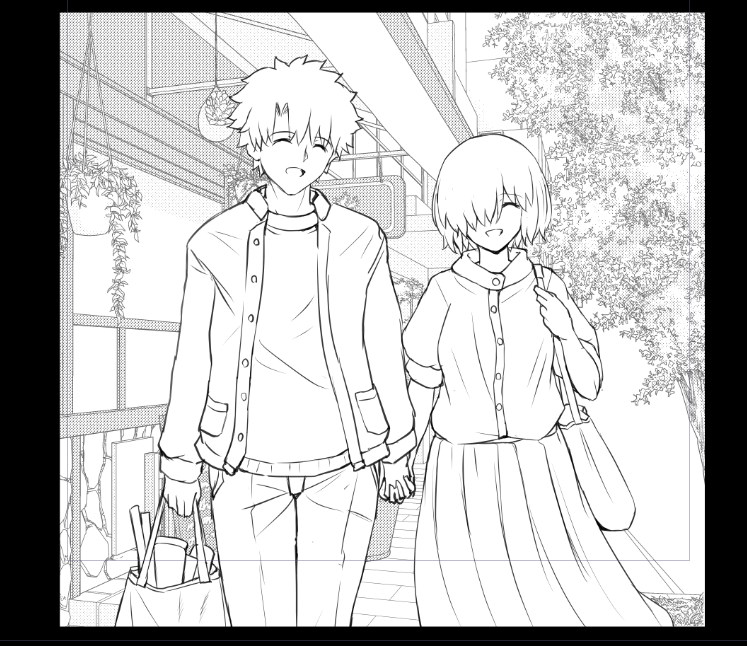 クリスタのアセットストアで購入した背景でぐだマシュ仲良くお買い物風景。 