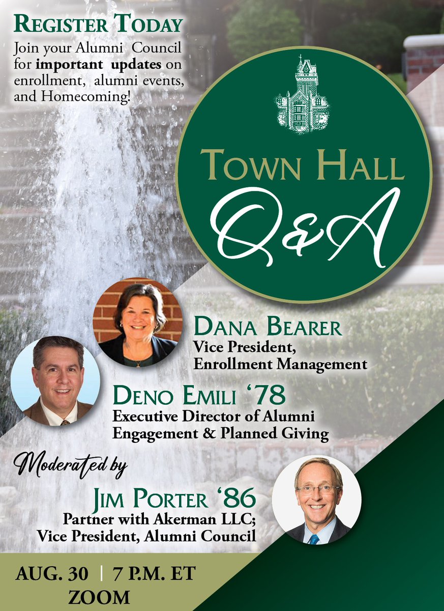 Join us to hear from Vice President of Enrollment Management Dana Bearer and Executive Director of Alumni Engagement &amp; Planned Giving Deno Emili '78 at the Alumni Council's Town Hall Q&amp;A at 7 p.m. ET on Aug. 30. 

Register and submit questions: bethanywv.edu/event/alumni-c…