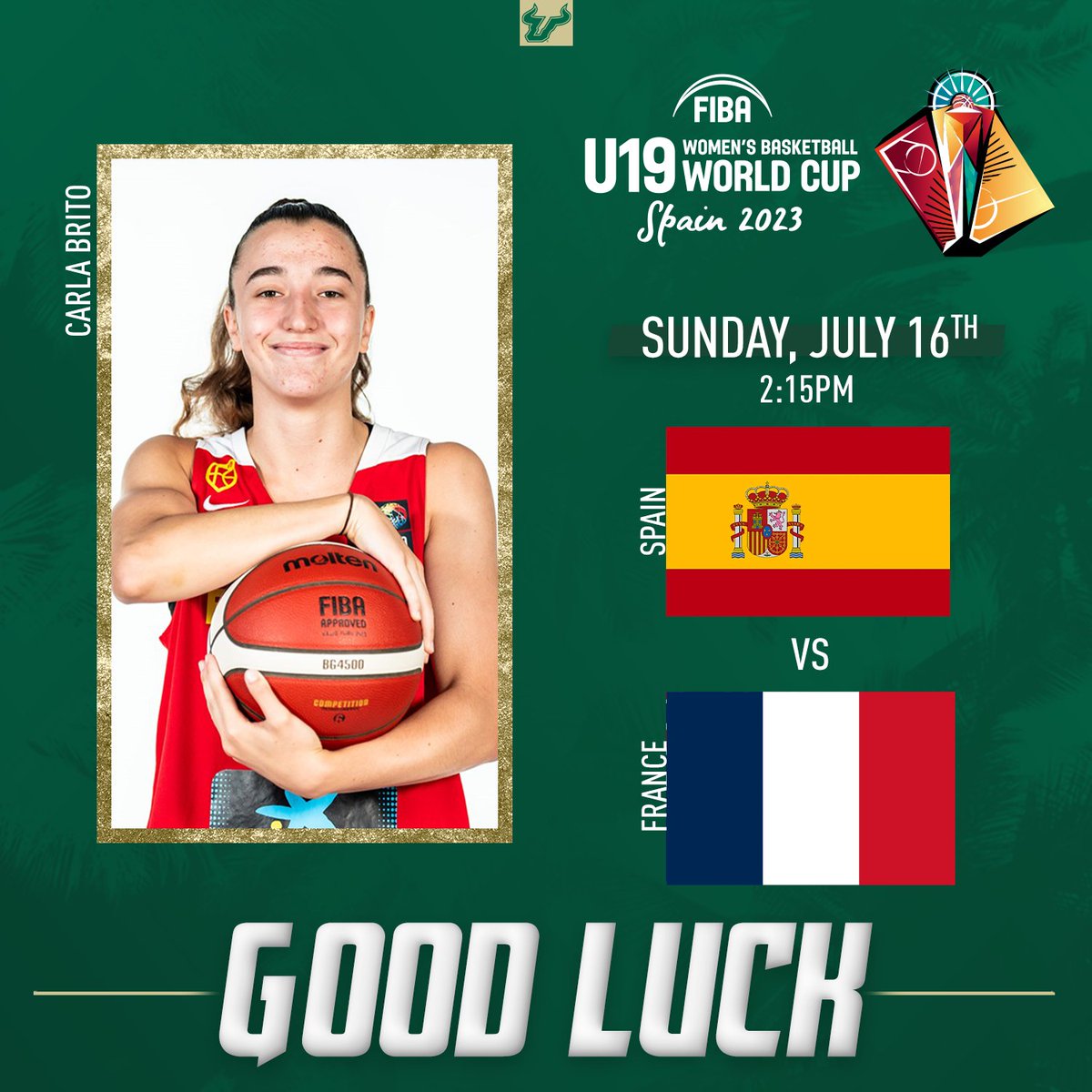 USFWBB's tweet photo. VAMOS ESPAÑA! 

Bulls Nation, help us cheer on @CarlaBritoHern1, as Spain takes on France in Game 2 of the #FIBAU19 World Cup! 

📺: https://t.co/wmSBVXIlCF

#HornsUp🤘 | #RunWithUs https://t.co/wkWUFAyPnO