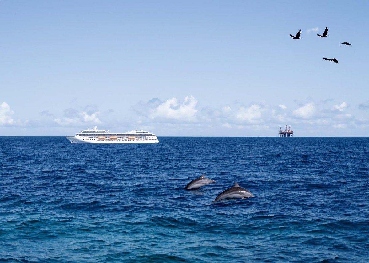 tlwilbur's tweet photo. Photoshop Creations from a 1-hour Generative AI Adobe Webinar. Used the terms Ocean, Cruise Ship, Dolphin Pod, 12 Birds (took some experimentation) and Oil Rig (v1)/Island (v2) to create these two images. No searching for the perfect picture or compositing skills needed. https://t.co/r4fLwYfCVc