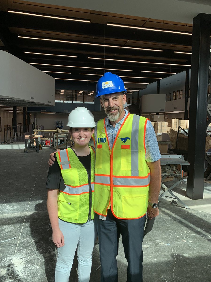 At Cline today to do a walk as they work on final steps inside. Took a picture of where you will be dropping off your kids on August 15th. Also, former Mustang Taite McCray is doing her internship with PBK architecture. Proud of her for following her passion kids.