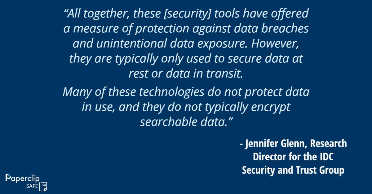 paperclipSAFE's tweet image. Paperclip SAFE® Adds Data Masking to its Breakthrough Searchable Encryption Solution. Read the full announcement, including the latest research from IDC on searchable encryption and encryption-in-use: conta.cc/3JTt8FW
#SAFEncryption #SearchableEncryption #DataSecurity