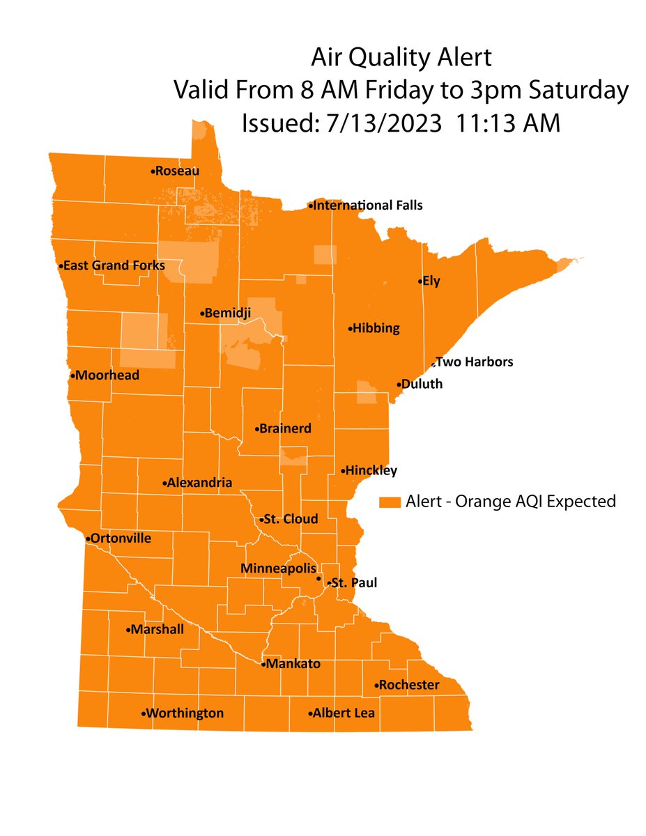 Due to wildfire smoke, an air quality alert has been issued for 8am Friday to 3pm Saturday for all of Minnesota. The orange represents a category that is unhealthy for sensitive groups.