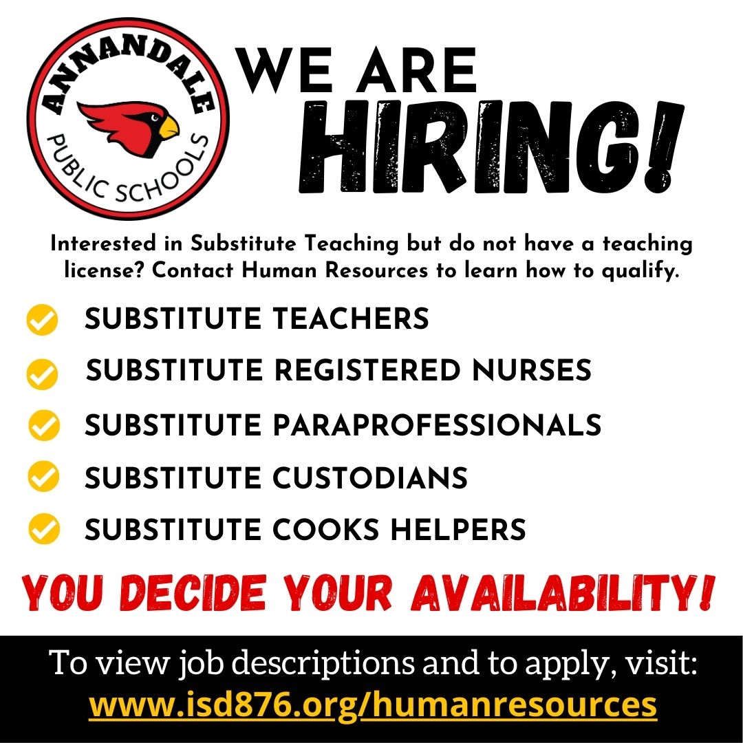 Are you interested in teaching but don't have a teaching license? Contact Human Resources to learn how to qualify! Now Hiring: Substitute Teachers, Registered Nurses, Paraprofessionals, Custodians, Cooks Helpers &amp; MORE! For details, and to apply, visit: applitrack.com/isd876/onlinea…