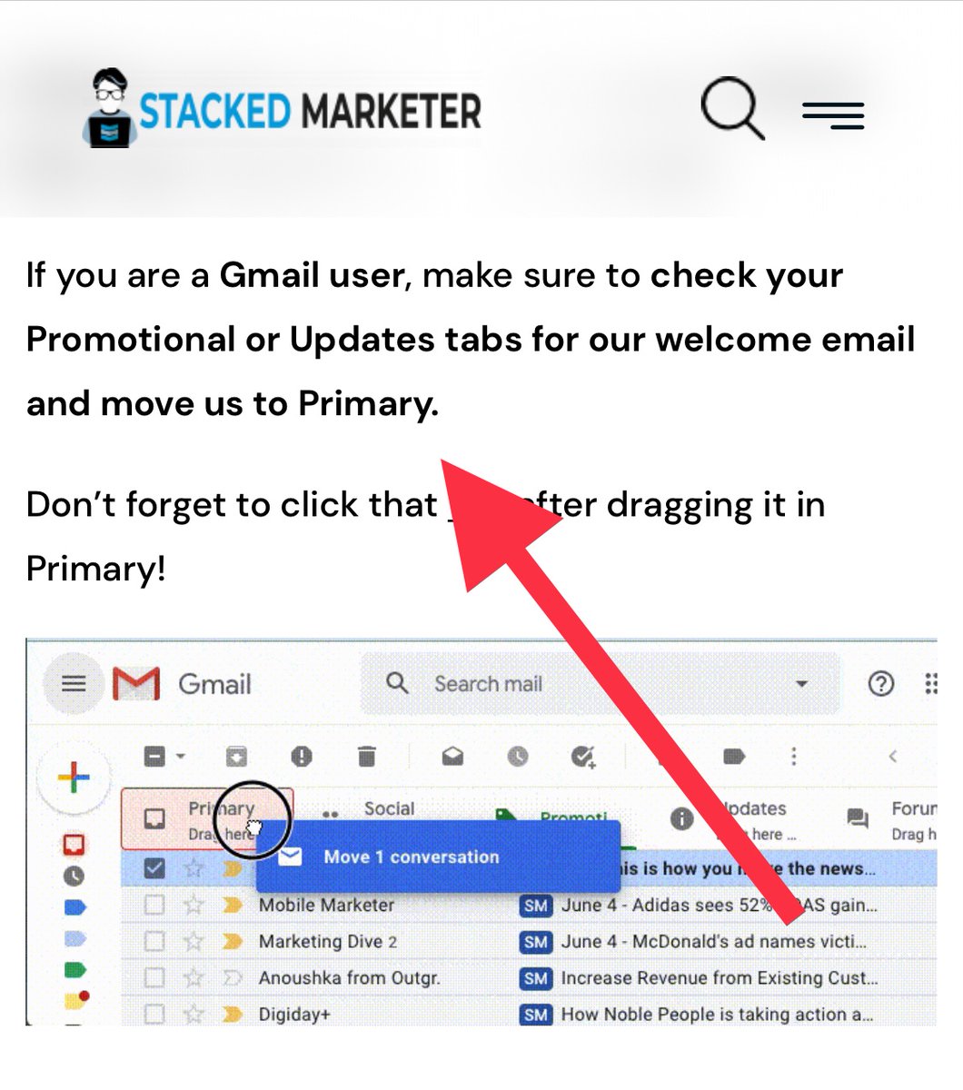 Charlessipe's tweet photo. Stacked Marketer has an email newsletter confirmation page that instructs Gmail users to move emails from the Promotional tab to Primary tab https://t.co/RfKIzCM8CB