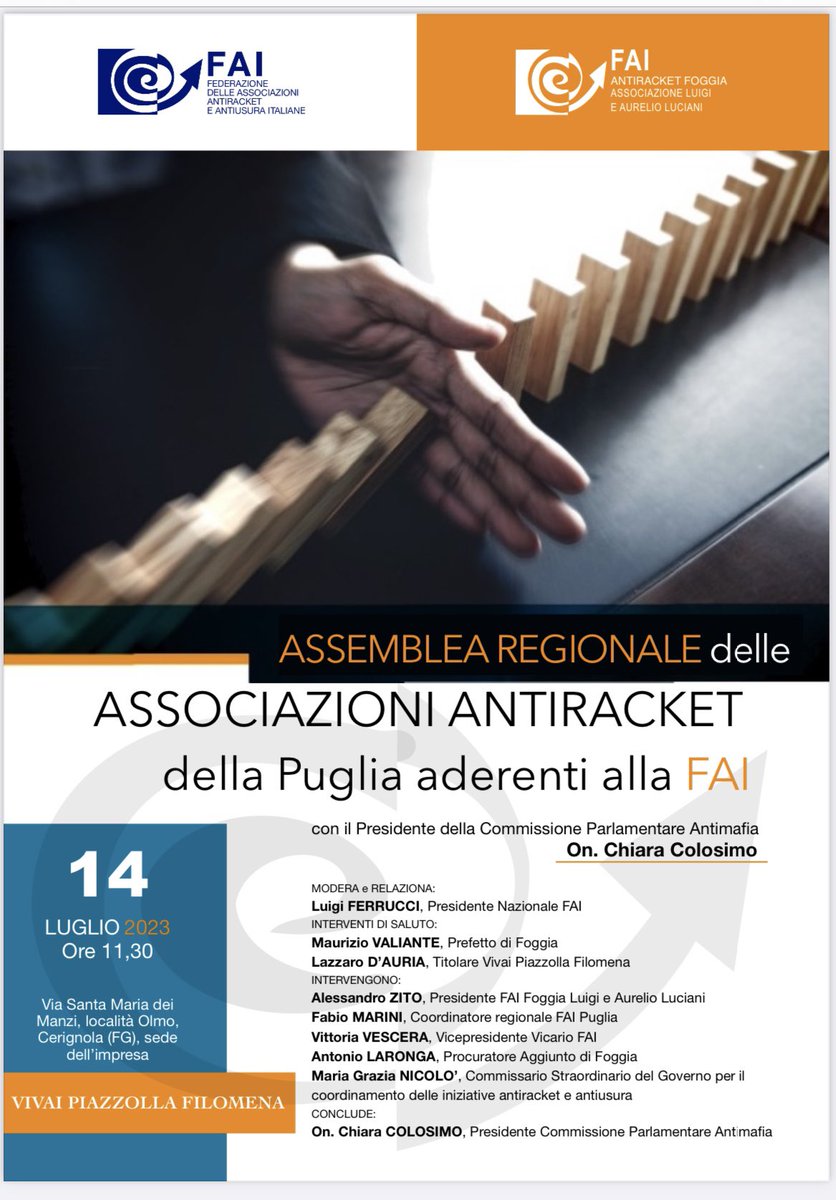 marinifab's tweet photo. FAI
Federazione delle Associazioni Antiracket e Antiusura Italiane “Assemblea Regionale della Puglia” con il Presidente della Commissione Parlamentare Antimafia On. @ChiaraColosimo 
#fai #federazioneantiracket #antiracket #antimafia #puglia https://t.co/3DJBQLTv0m
