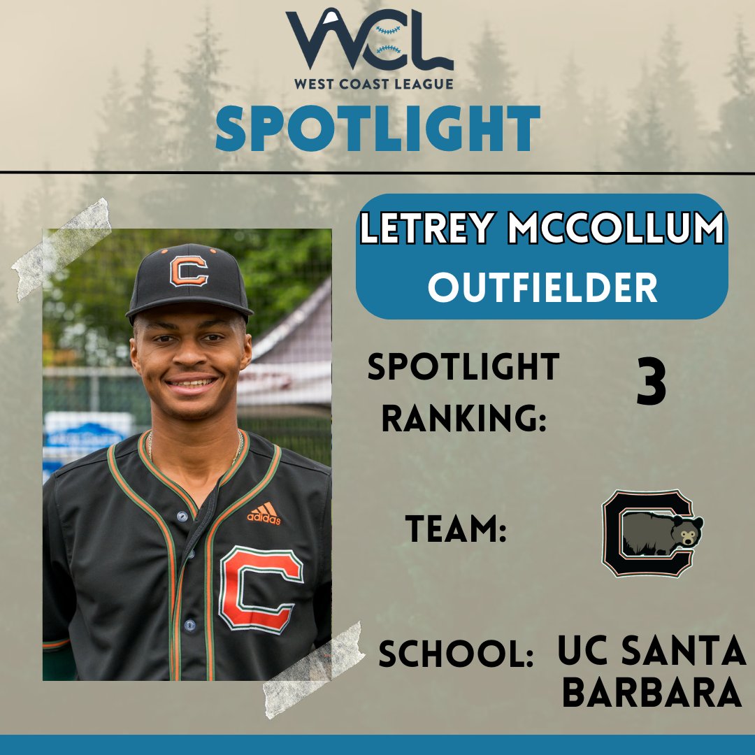 WCLBaseball's tweet photo. At No. 3 is @CowlitzBBears outfielder LeTrey McCollum of @UCSB_Baseball. In 18 games this summer, he's batting .414 and slugging .529 with 17 steals. https://t.co/bmNecoZMC1