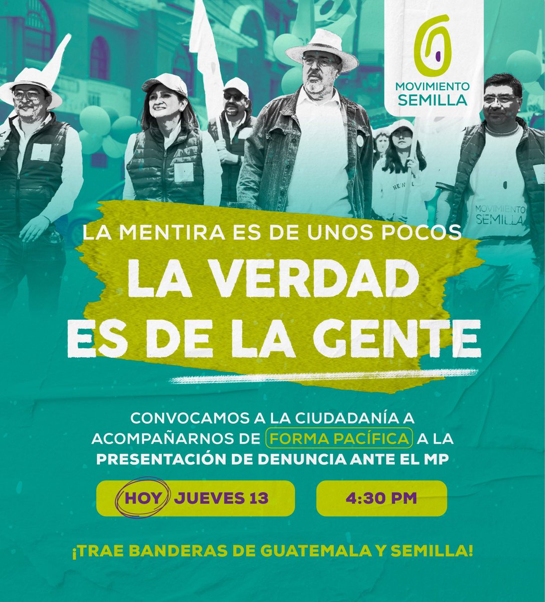 Hacemos un llamado a que nos acompañen pacíficamente hoy a las 16:30 horas frente al MP a colocar una denuncia para defender la institucionalidad del país.

Hoy el llamado es por la democracia, por el rescate de las instituciones, por defender lo único que no nos han podido