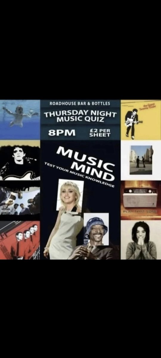 Still time and a few seats left for the music quiz tonight at the Roadhouse. 
Your chance to win £50 booze hamper and to wish 1 of our fantastic quiz masters happy birthday, and it's a big 1 (50 we believe)