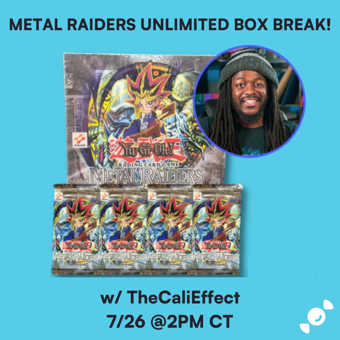 RareCandy's tweet image. BOX BREAK ANNOUNCEMENT!⁠
⁠
On July 26th at 2pm CT Rare Candy will be having a Yu-Gi-Oh! Metal Raiders Unlimited Booster Box Break with TheCaliEffect! ⁠
⁠
Shop the break: bit.ly/3DvYbEp⁠
⁠
#YuGiOh #KingOfGames #BoxBreak
