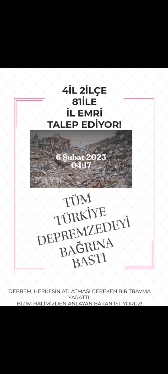 matematikciniz3's tweet photo. MebAfeteİlEmriVer
Depremden en çok etkilenen iller ve ilçelerde görev yapan öğretmenler olarak diğer kamu personellerine sağlanan daha geniş yer değiştirme hakkına istinaden 81 il kapsamlı "il emri" istiyoruz. Adalet istiyoruz!
@Yusuf__Tekin
@tcmeb
@mebpgm
@RTErdogan https://t.co/FAA860paSV