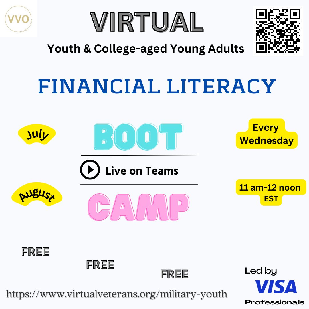 vets_virtual's tweet image. FREE Financial Literacy Program. Youth &amp;amp; Young Adults. July &amp;amp; August, Wednesdays, 11am-12pm EST. forms.office.com/r/tCpVHK6vjH virtualveterans.org/military-youth/ #virtualcamp#summer2023 #youthprogram #militarybrat #elearning #middle #highschool #freesumm