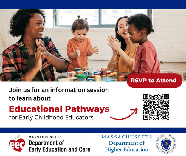 MassEarlyEdCare's tweet photo. Looking to enter or advance your career in Early Education &amp; Care?

EEC is hosting an Educational Pathway Information Session Wednesday, July 19 @ 7:00PM in English with simultaneous interpretation in Spanish, Brazilian Portuguese &amp; Mandarin.

Register: https://t.co/2ip7T2a9Ht https://t.co/COHLkQxEqx