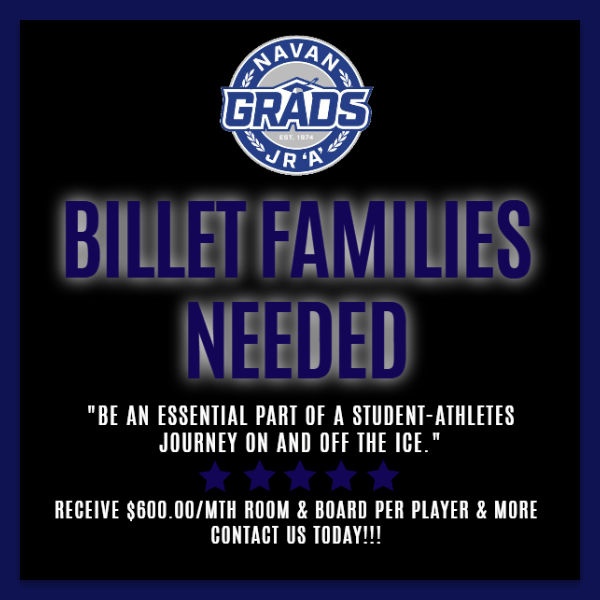 🚨BILLET FAMILIES NEEDED🚨

We are seeking 5 amazing families to join our billet program for the 2023-2024 season!! 

Welcome our talented student-athletes into your home and be an essential part of their journey on &amp; off the ice #Grads

Contact us today: forms.gle/wFpcM5wPja5oDS…
