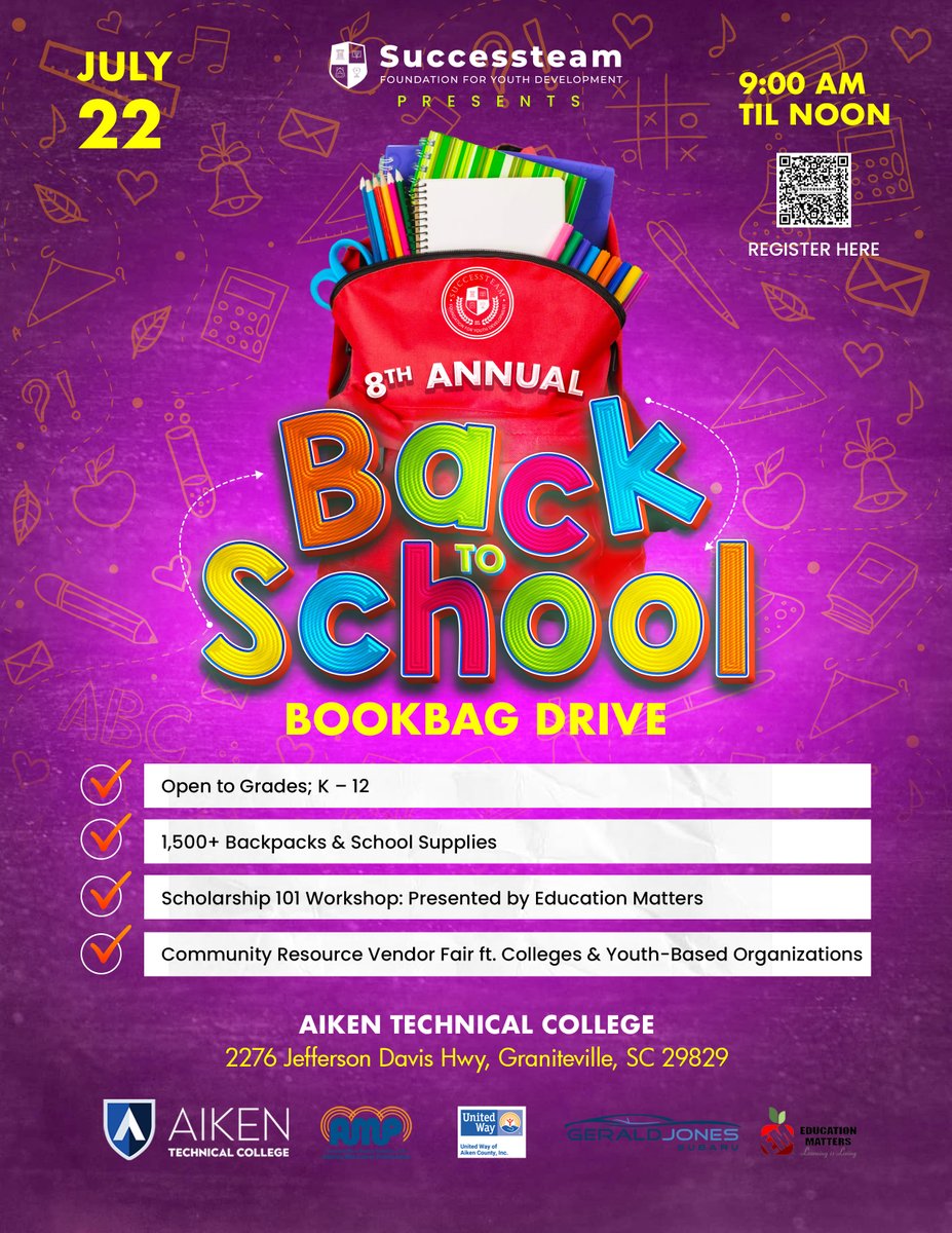 Aiken_T_College's tweet photo. Over 1000 Backpacks and School Supplies for grades K-12 with Successteam! The event is open to the public July 22 from 9 a.m. to Noon. Pre-register for the event at https://t.co/mCPN99JEqN
#bookbagdrive #backtoschool https://t.co/K7SPuM8rYy