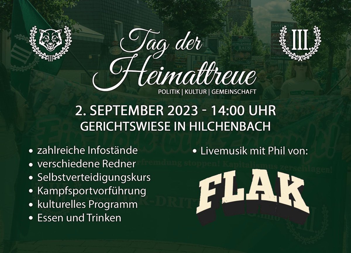 Es ist an der Zeit für einen Wandel! Der erste Schritt kann es sein, am 2. September einen Tag mit uns zu verbringen, einen Ort der Meinungsfreiheit zu erleben und Deutscher sein zu können, ohne sich dafür vor irgendwem rechtfertigen zu müssen! #hilchenbach #derdritteweg