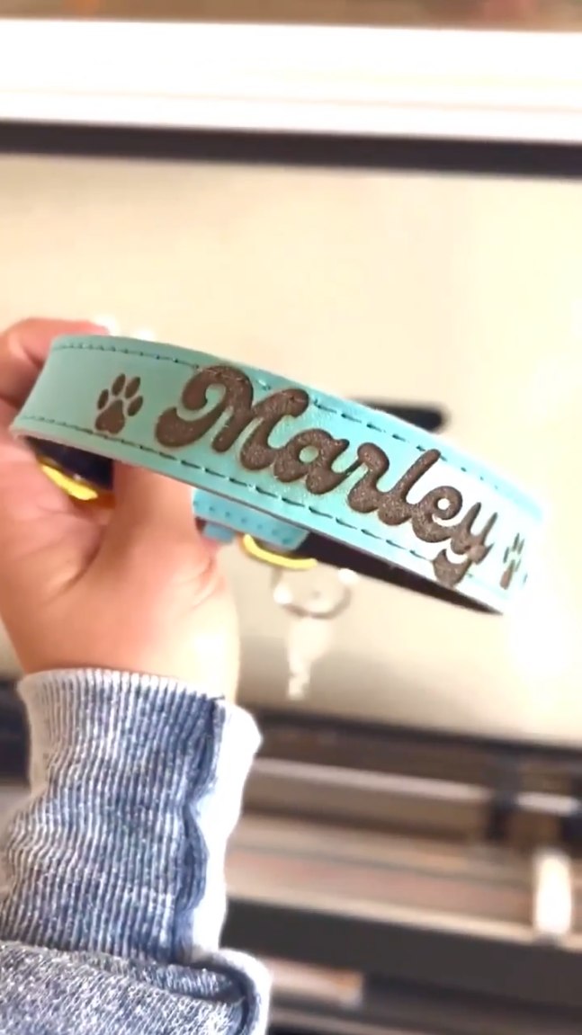 A custom collar for a furry friend. 🐾 Randi printed this luxe leather collar for a lucky pet named Marley, transforming it from plain to personalized in minutes. 🐶 on Instagram: brand_by_ran. glowforge.com