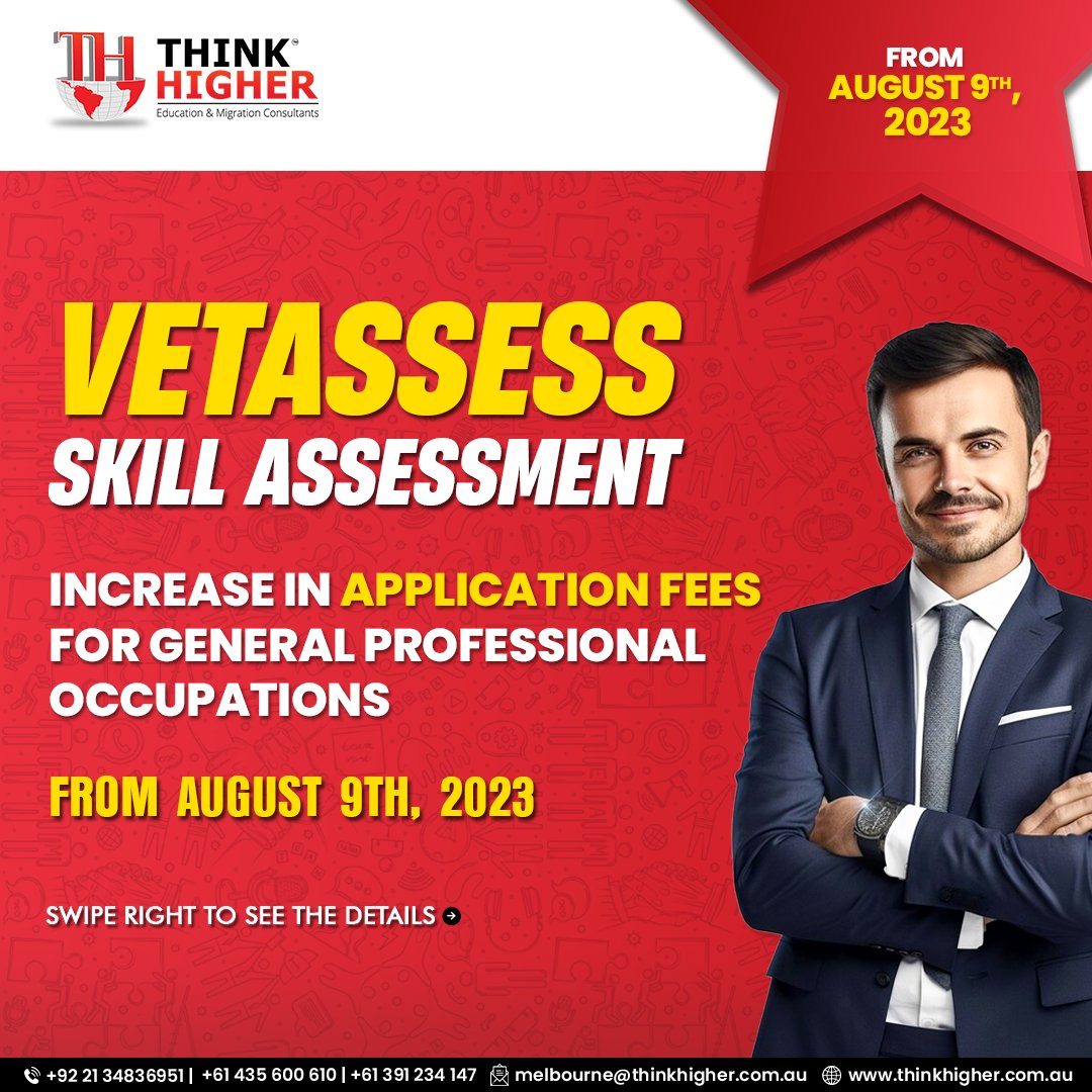 thinkhigheraus's tweet image. Attention skilled professionals! ‍💼 Starting from August 9th, 2023, VETASSESS Skill Assessment application fees for general professional occupations are set to increase. 

#VETASSESS #applicationfees #professionaloccupations #skillassessment #education #migration #skilledworker