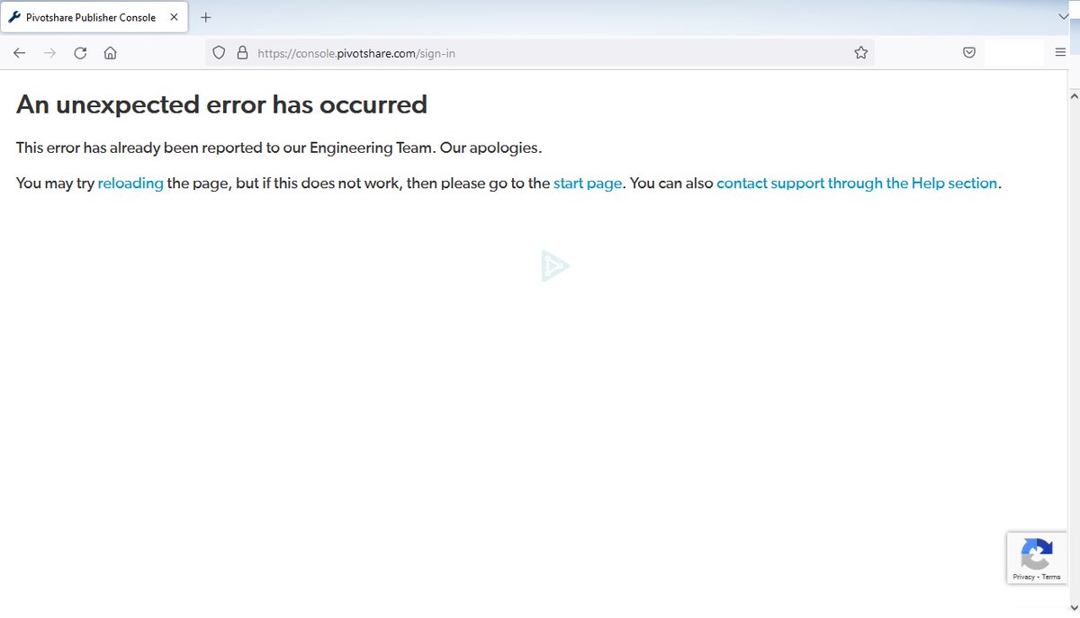 EthanMax22's tweet photo. @pivotshare @pivotshare When I try to Log In to my Publisher Console on pivotshare I get an error I tried different browsers and I get the same error " An unexpected error has occurred This error has already been reported to our Engineering Team Our apologies " here a Screenshot of Error https://t.co/KC2QKdJqhB