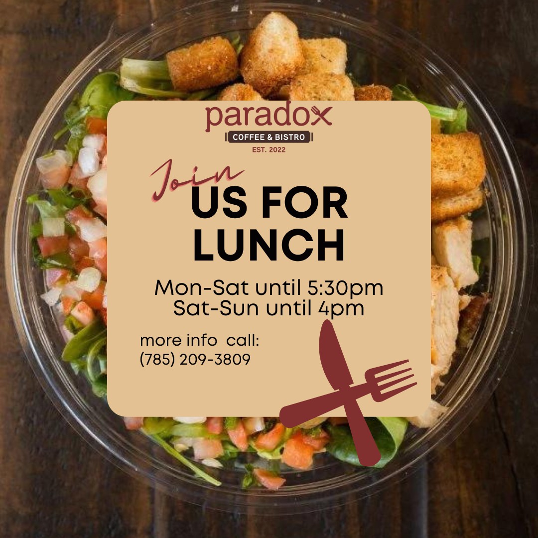 🍴From hearty sandwiches and fresh salads to flavorful entrees and daily specials, our lunch menu has something to please every palate.🥗 🥪
#ParadoxCoffeeBistro, #coffeelovers, #JunctionCityKS, #JCKSfoodie, #eatlocal, #supportlocal, #66441