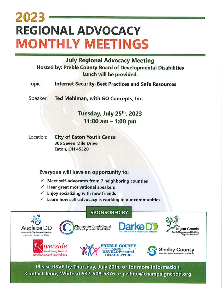 #PrebleCounty has a great and informative topic planned for the July 25 #RegionalAdvocacy meeting. #InternetSafety. Meeting is from 11 am to 1 pm and lunch will be served. So, be sure to #RSVP to Jenny White by Thurs, July 20. j.white@champaigncbdd.org or 937-508-5876.