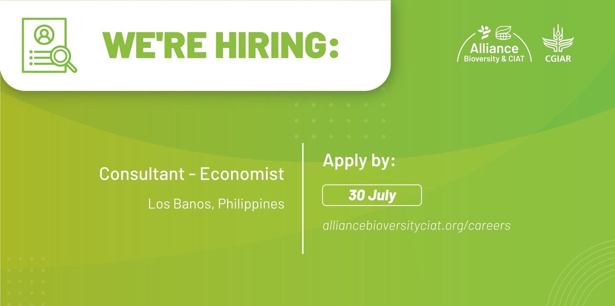 BiovIntCIAT_eng's tweet photo. 📢#Vacancy I We are seeking a Consultant - Economist to contribute to the Alliance’s expanding research portfolio on Climate Action and the @CGIAR Hub for Sustainable Finance #OneSF in the Asia region.
🎯Based in Los Banos
✅Apply by 30 July
Details👉 https://t.co/A0JgWVV0C5 https://t.co/56DawPpYfZ