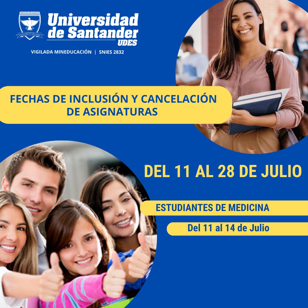 UDES_Valledupar's tweet photo. #UDESValledupar | Hasta el próximo 28 de julio estará habilitada la plataforma Génesis para el proceso de inclusión y cancelación de asignaturas; hasta el 14 de Julio para estudiantes de Medicina. #UDESigueFormando
Ver noticia completa aquí 👉 https://t.co/MHhOwkry3l https://t.co/BCaJKE52uH