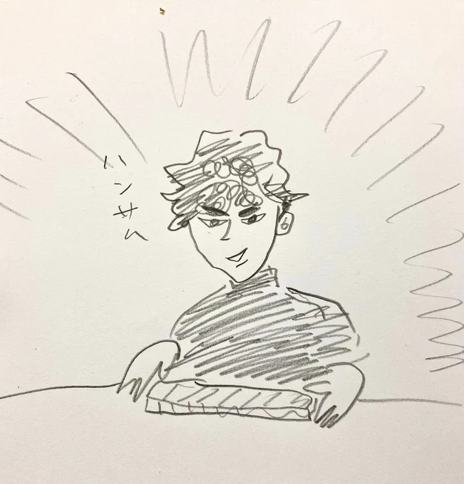これは笑って貰えたので載せちゃうけど同僚ちゃんが描いてくれた頭がスチールウールみたいになってる傀さん。2枚目は僕が「最近の傀さんは肩幅が狭くなっちゃって〜」と言ってしまった為に起きた事故。