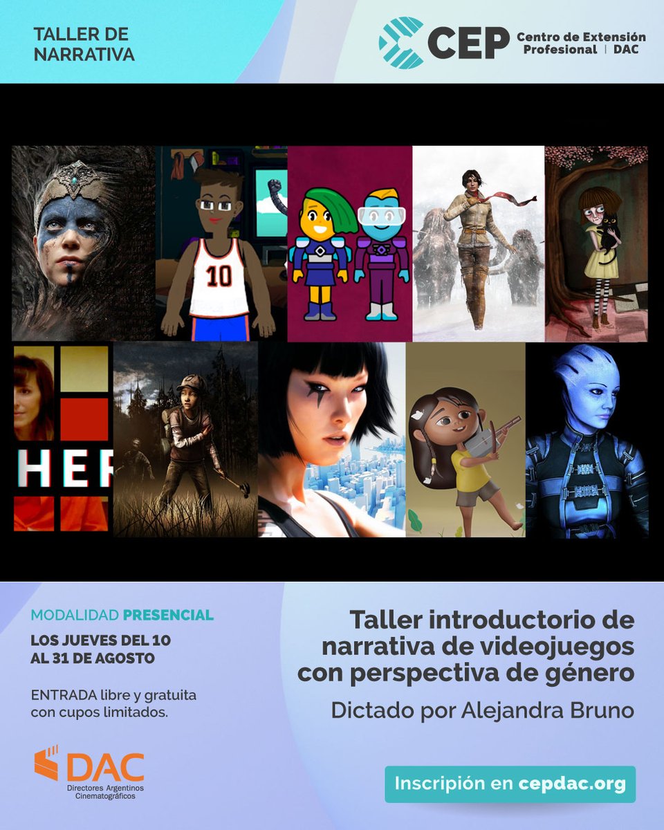dacdirectores's tweet photo. 🎮 Taller introductorio de narrativa de videojuegos con perspectiva de género, dictado por Alejandra Bruno

📍 Presencial en DAC los jueves 10, 17, 24 y 31 de agosto de 17:00 a 20:00hs

👉 Requisitos e inscripción en: https://t.co/Pu1S0e4JEA

#DacDirectores #CepDac https://t.co/3K1K5tO5iM