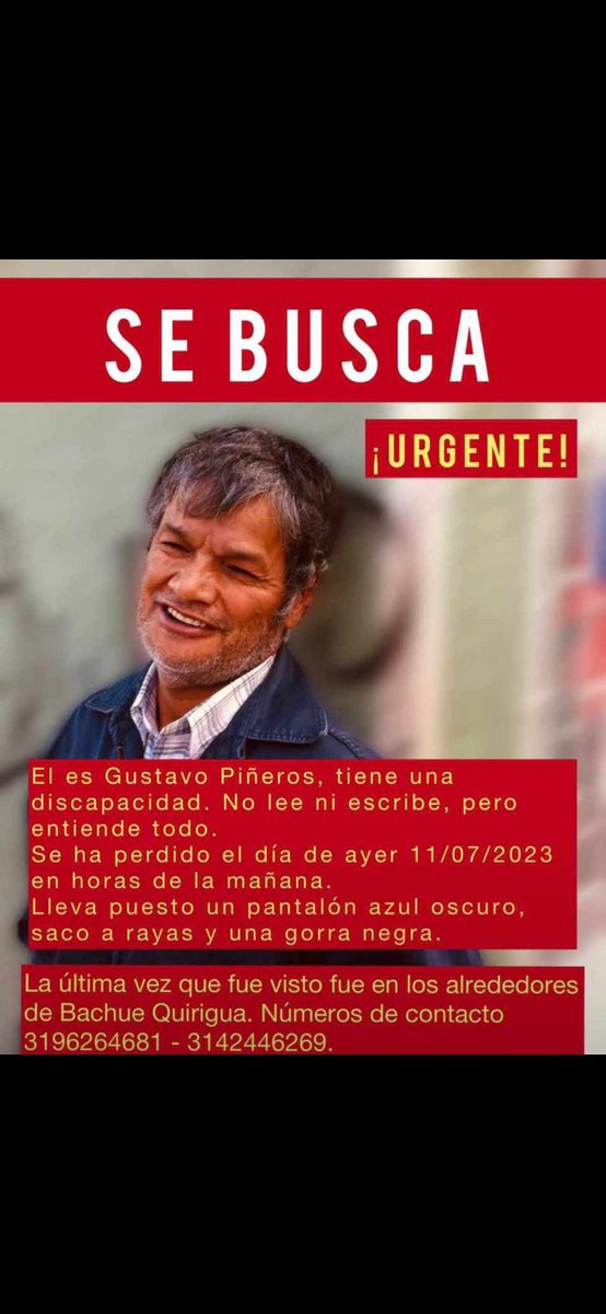 BomberosBogota's tweet photo. #ServicioSocial El señor Gustavo Piñeros es familiar de una de nuestras funcionarias. ¡Ayúdanos a difundir!

Si tienes información, comunícate al 3196264681

Gracias 🫂

#DesaparecidosBogota https://t.co/2I4tqF62Yy