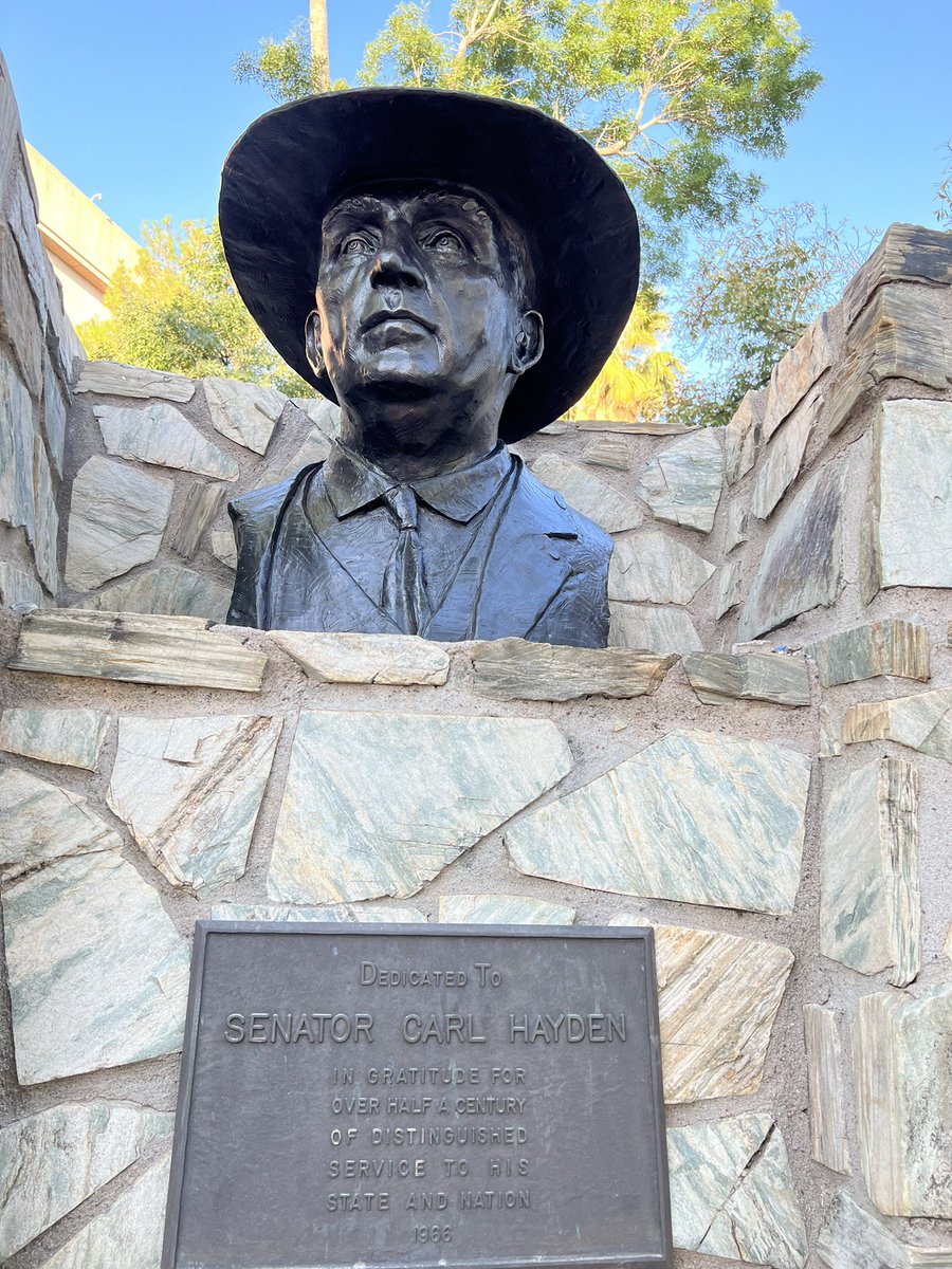 In 2021 a thief made off with the bust of iconic Democratic U.S. Senator Carl Hayden that overlooked the Capitol Rose Garden. Today, sculptor and former House Speaker Rusty Bowers and team installed a newly commissioned (with private donors) tribute to an Arizona original. #AZLeg