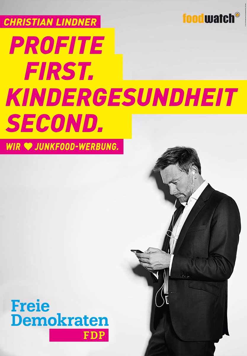 Die <a href="/fdp/">FDP</a> blockiert noch immer die von <a href="/cem_oezdemir/">Cem Özdemir</a> geplanten #Junkfood-Werbeschranken. Frei nach dem Motto: "Profite first, Kindergesundheit second". Wir konnten nicht anders und haben den FDP-Wahlkampf-Klassiker mit <a href="/c_lindner/">Christian Lindner</a> neu aufgelegt! kindergesundheit-second.de