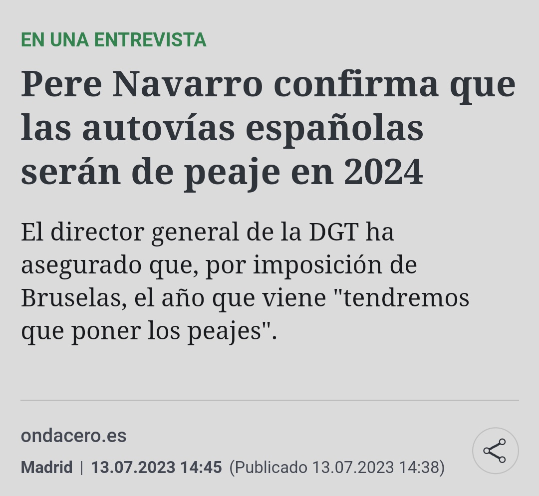 dchopenawer's tweet photo. Hace tres días Pedro Sánchez le dijo a Feijoo en el debate que eso de los peajes en España no era verdad. 

El director de la DGT confirma que sí, que habrá peajes a partir de 2024. https://t.co/byC60EKbmF