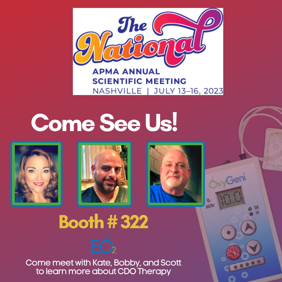 EO2Concepts's tweet photo. Are you at APMA this week? - - Come see us @ Booth 322!

Kate, Bobby, and Scott are ready to speak with you about how CDO Therapy can help your patients reach full wound closure.
#woundcare #thenational #APMA #APMAnational https://t.co/6pWiqAFD1O