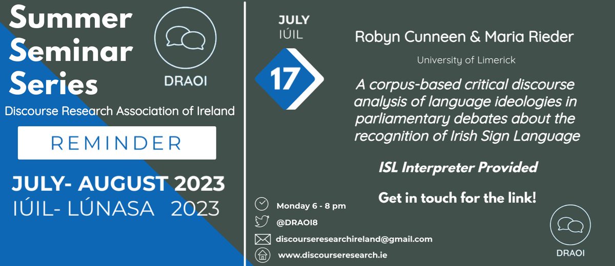 Excited to present recent research by myself and @maria_reiderie on #SignLanguageIdeologies in parliamentary debates about the recognition of #IrishSignLanguage. Monday 17th 6pm-7pm. DM @DRAOI8 for the link! #ISLInterpreter provided! @IrishResearch @IrishDeafSoc @IreDeafResearch