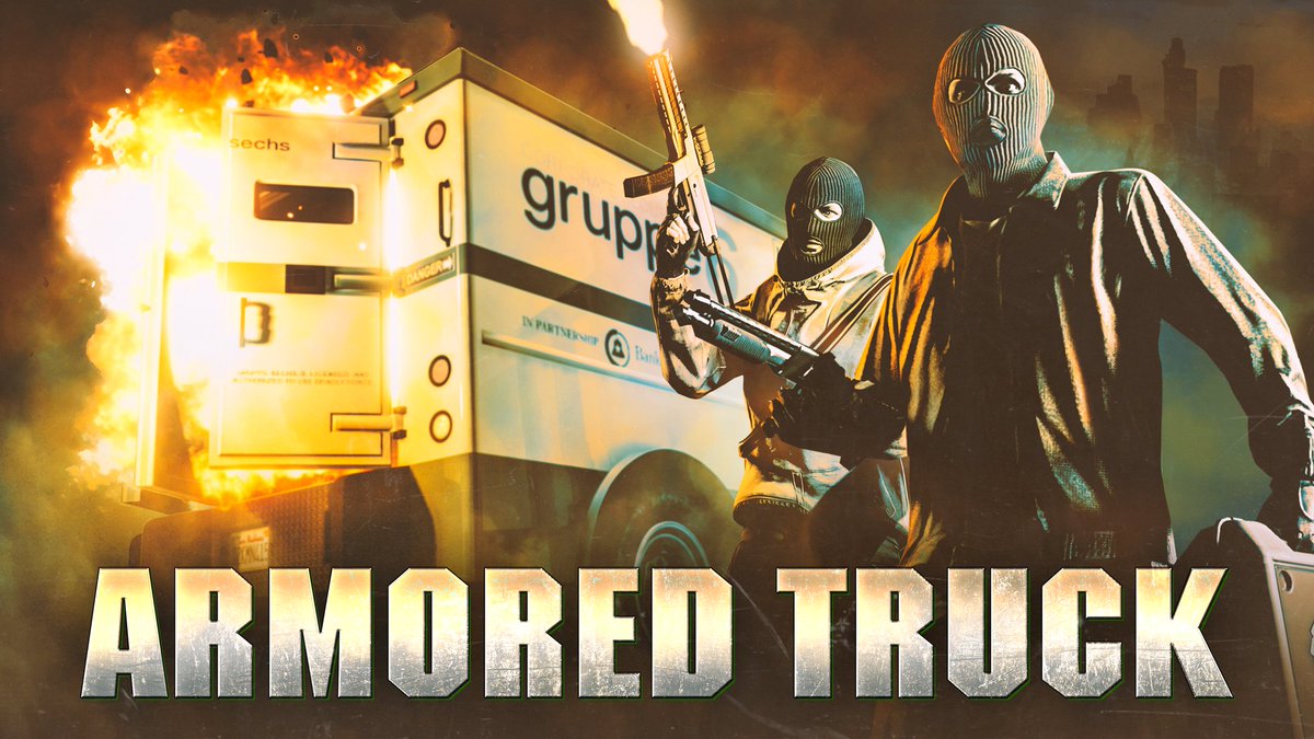 RockstarGames's tweet image. Armored Truck robberies are back with a bang in GTA Online.

Stop these security vehicles in their tracks in Freemode, blow the doors off, and steal the goods.

Get Double GTA$ this week in Armored Truck robberies, and more: rsg.ms/20de2da