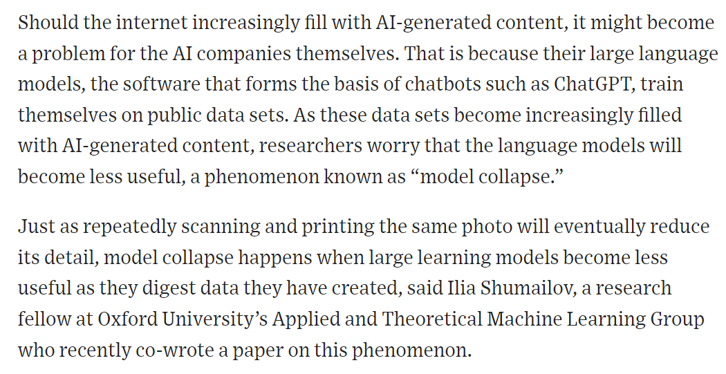 DemianMcLean's tweet photo. "AI Junk Is Starting to Pollute the Internet," says the WSJ. What happens to LLMs when you feed them their own AI-generated content?  

https://t.co/pzbO7jC2If https://t.co/lGDaxwZqBS