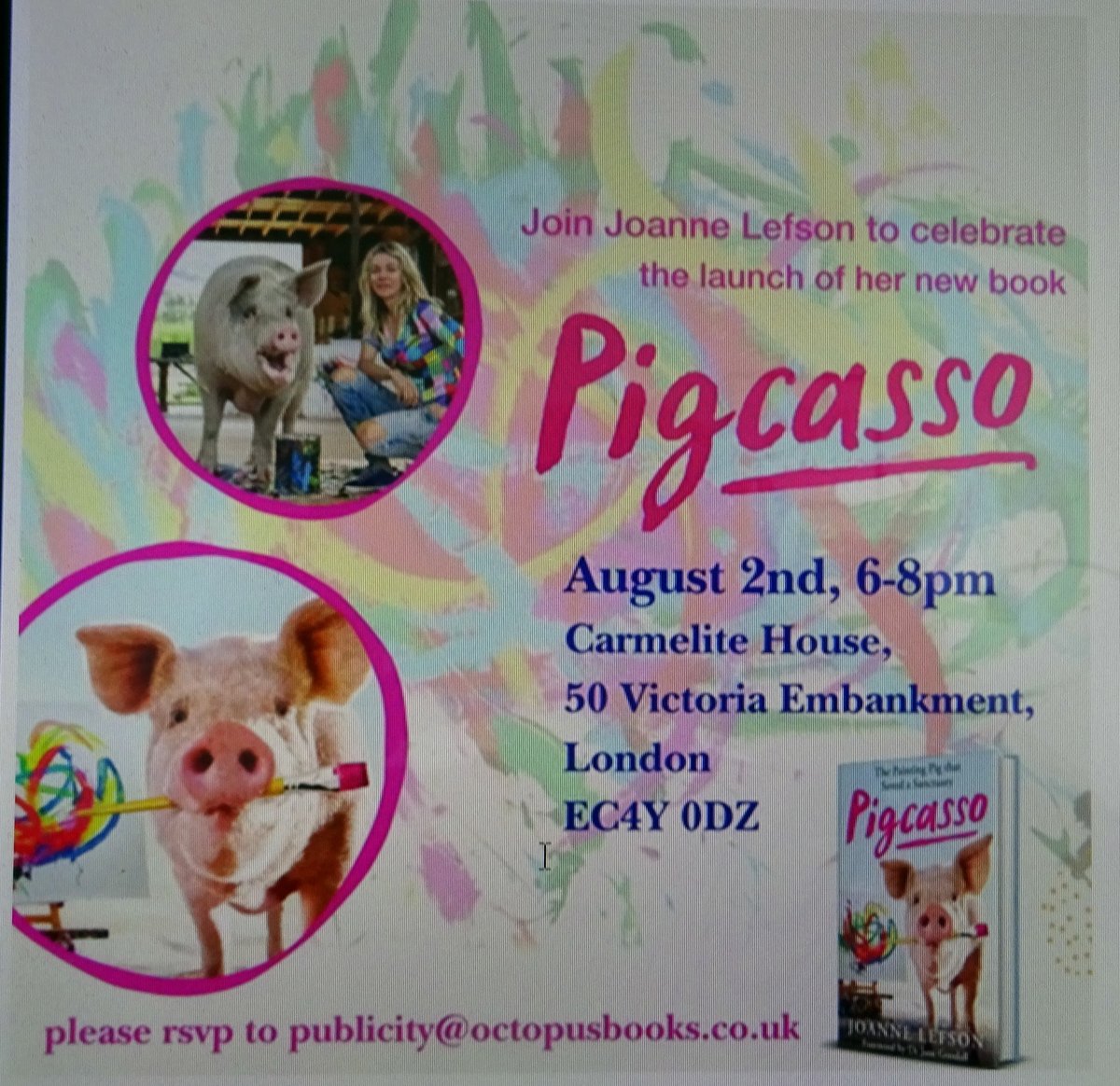 angimals1's tweet photo. If you love pigs come to the book launch in London on 2. Aug about PIGCASSO the wonder pig who paints and sells his artwork for megabucks. https://t.co/wi0ipNNm7c